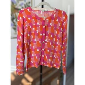Boden Brushstroke Crew Neck Cotton Blend Cardigan in Orange and Pink Size 6